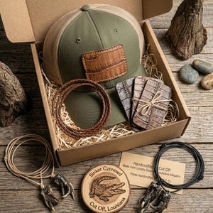 May include: An olive green trucker hat with a brown faux-alligator patch, a coiled brown cord, and three rectangular brown faux-alligator coasters. Also included are two necklaces with claw pendants and a round wooden disc with an alligator graphic.