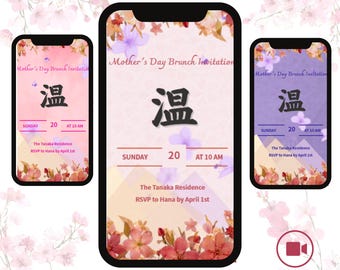 Mother's Day Video Invitation Personalized, Japanese Kanji Washi Design Digital Invite, Sakura MP4 Email Delivery