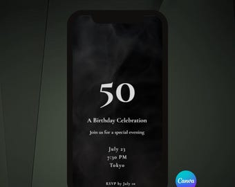 50th Birthday Video Invitation Canva Template, Editable Black Gold Milestone Invite, MP4 Instant Download