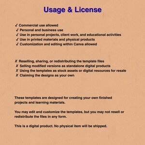 May include: A tan-colored digital product usage and license document with blue text. The document outlines permitted uses, including commercial and personal use, and restrictions, such as reselling or redistributing the template files. The document states that no physical item will be shipped.