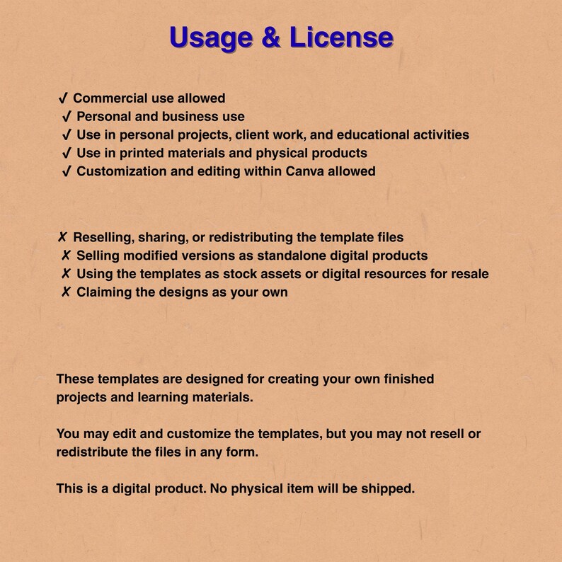 May include: A tan-colored digital product usage and license document with blue text. The document outlines permitted uses, including commercial and personal use, and restrictions, such as reselling or redistributing the template files. The document states that no physical item will be shipped.