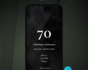 70th Birthday Video Invitation Canva Template, Editable Black Gold Milestone Invite, MP4 Instant Download