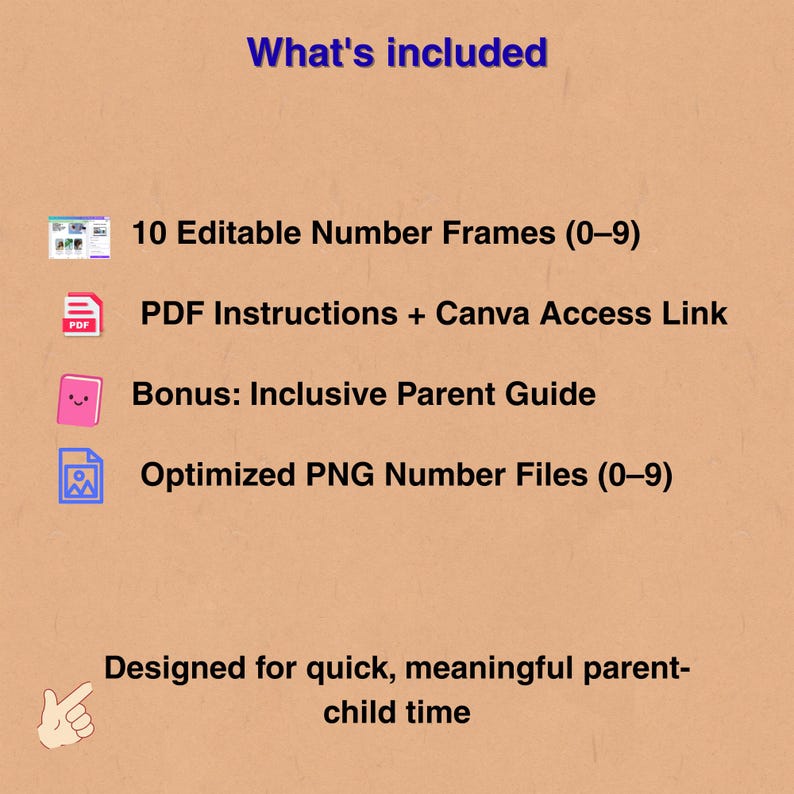 May include: A tan background with the text "What's included" in blue. The image lists 10 editable number frames, PDF instructions, a parent guide, and optimized PNG number files. The text "Designed for quick, meaningful parent-child time" is also included.