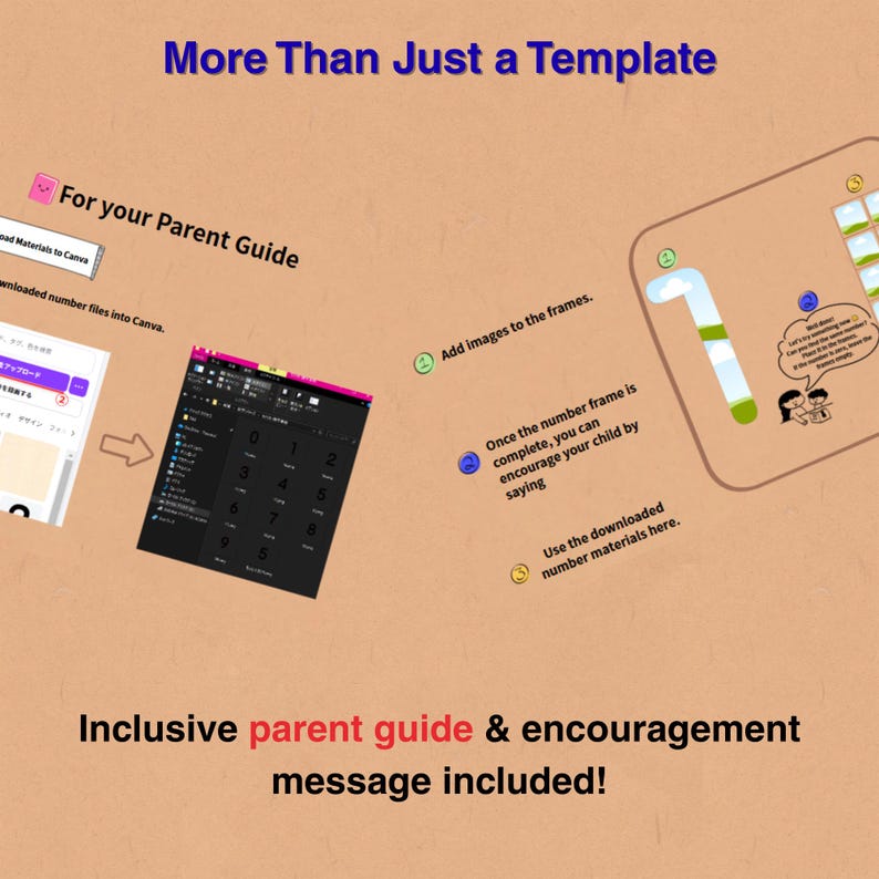 May include: A tan graphic with the text "More Than Just a Template" and "For your Parent Guide." The image includes a computer screen, a number frame, and instructions. The text "Inclusive parent guide & encouragement message included!" is at the bottom.