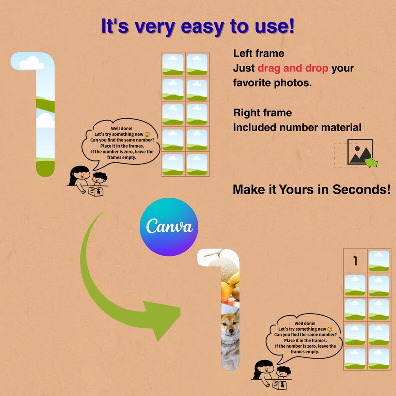 May include: A tan graphic with the text "It's very easy to use!" and instructions for using a photo frame. The Canva logo is in the center. The image includes a cartoon illustration of a person and a child.