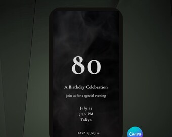 80th Birthday Video Invitation Canva Template, Editable Black Gold Milestone Invite, MP4 Instant Download