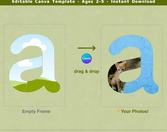 Lowercase Alphabet Learning Canva Template, ABC Photo Frame Activity for Toddlers, Mirror Writing Tips Included, Letter Recognition Game