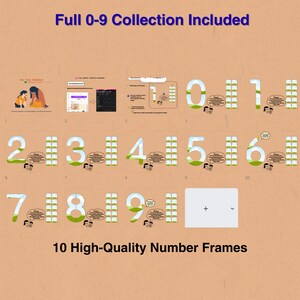 May include: A collection of 10 high-quality number frames, each displaying a number from 0 to 9. The numbers are white with a green outline, set against a light brown background. The text "Full 0-9 Collection Included" is at the top.