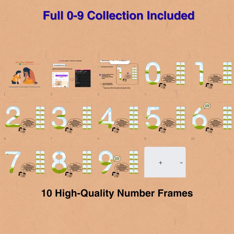 May include: A collection of 10 high-quality number frames, each displaying a number from 0 to 9. The numbers are white with a green outline, set against a light brown background. The text "Full 0-9 Collection Included" is at the top.