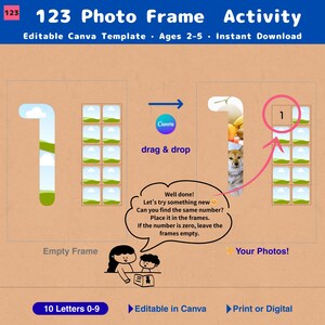 Number Learning Activity Canva Template, Photo Frame Matching Game for Toddlers, 6 and 9 Guided Start Included, Ages 2-5 Instant Download image 1