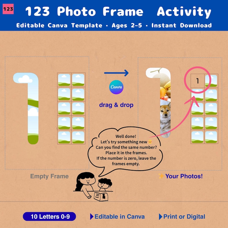 Number Learning Activity Canva Template, Photo Frame Matching Game for Toddlers, 6 and 9 Guided Start Included, Ages 2-5 Instant Download image 1