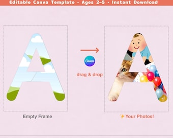 ABC Photo Frame Activity Canva Template, Alphabet Learning Printable for Toddlers, Preschool Letter Recognition, Ages 2-5 Instant Download