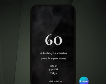 60th Birthday Video Invitation Canva Template, Editable Black Gold Milestone Invite, MP4 Instant Download