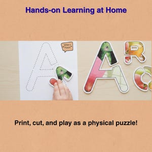 May include: Educational activity featuring a large letter "A" puzzle with a fruit-themed design. The image includes the text "Hands-on Learning at Home" and "Print, cut, and play as a physical puzzle!" A hand is placing a puzzle piece.