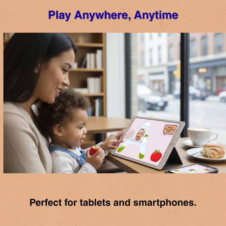 May include: A woman and a child are looking at a tablet displaying a colorful educational app. The app features a baby's photo, an apple, and the letter A. The text at the top says "Play Anywhere, Anytime."