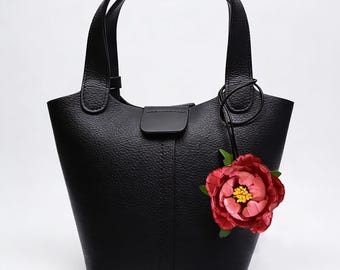 Handmade Full-Grain Leather Peony Flower Bag Charm - 3D Leather Floral Keychain