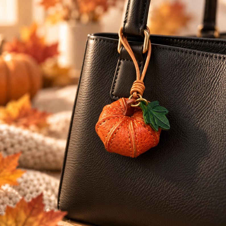 May include: A black leather handbag featuring a textured surface and a dangling pumpkin-shaped charm. The charm is crafted from orange leather with visible stitching, a brown stem, and a small green leather leaf attached to a thin leather cord.