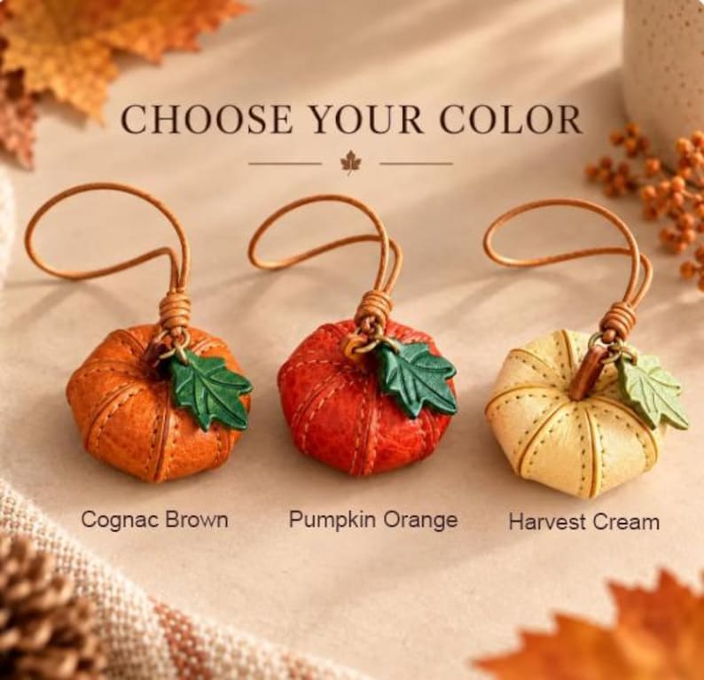 May include: Three pumpkin-shaped leather charms with loops, labeled Cognac Brown, Pumpkin Orange, and Harvest Cream. Each features a green leather leaf accent and visible stitching. The text CHOOSE YOUR COLOR is displayed above the items.