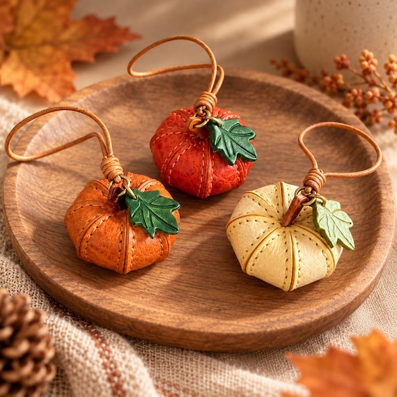Handmade Top-Grain Leather Pumpkin Bag Charm, Fall Purse Charm, Autumn Keychain,Custom Initial Keychain