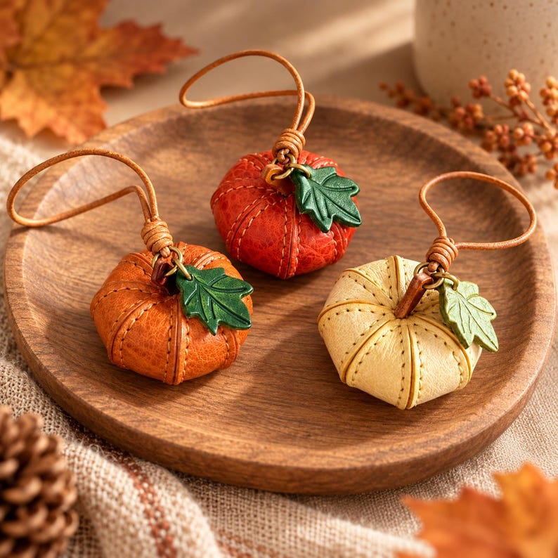 May include: Three small pumpkin-shaped ornaments crafted from textured leather in shades of orange, red, and cream. Each pumpkin features visible stitching, a small green leather leaf charm, and a thin leather cord loop for hanging purposes.