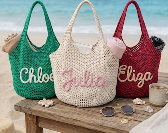 Personalized Crochet Beach Tote Bag, Handmade Knit Shoulder Bag, Custom Name Summer Bag, Bridesmaid Gift, Vacation Tote, Pool Bag for Women