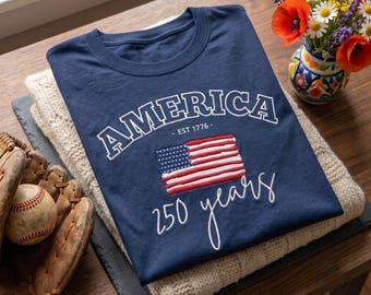 Sudadera bordada "America 250 Years", sudadera con cuello redondo y bandera patriótica de EE. UU., sudadera "America Est. 1776", camiseta del 4 de julio.