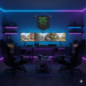 Banner da gioco Pixel Art / Decorazione da parete retrò 8-bit, bandiera da caverna dell'uomo