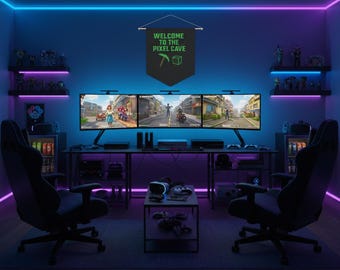 Pixel Art Gamer Banner | Retro Gaming Room Decor | Man Cave Flag