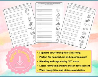 May include: Three black and white CVC word worksheets with illustrations and lines for tracing and writing. The worksheets are titled "CVC Words-Read, Trace, Copy, Match". A pink digital download graphic is in the lower left corner.