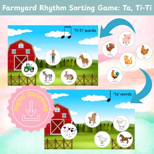 May include: A digital download of a farmyard rhythm sorting game. The game features illustrations of farm animals and objects, including a red barn, tractor, donkey, rabbit, pony, turkey, pig, hen, cat, rooster, cow, goat, sheep, duck, and horse. The game is designed to teach rhythm.
