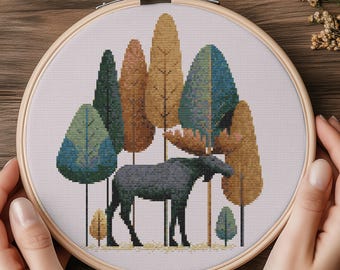 Moose in a forest Cross Stitch – PDF – 163 x 163 stitches