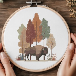 May include: A cross-stitch embroidery hoop featuring a bison in a forest scene. The bison is brown and tan, with a backdrop of trees in shades of green, orange, and brown. The embroidery is set in a wooden hoop.