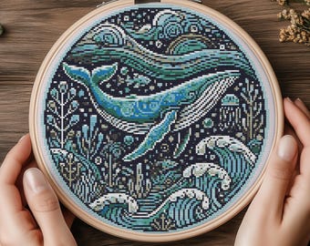 Patrón de punto de cruz de ballena azul en PDF, diagrama de bordado oceánico, punto de cruz contado de vida marina, animal marino, descarga instantánea.