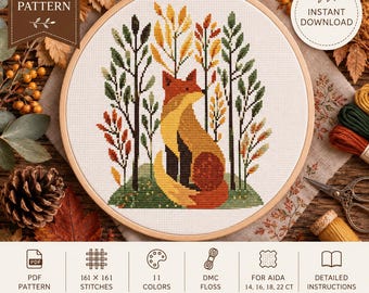 May include: A cross-stitch pattern in a wooden hoop featuring a stylised fox sitting among tall trees with autumn-coloured leaves. The design includes text labels for PDF pattern and instant download, with 161 by 161 stitches and 11 colours.