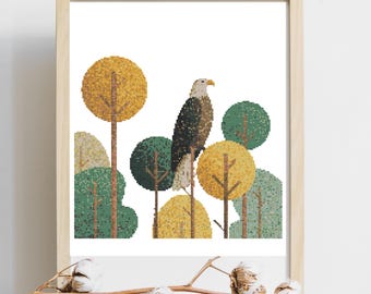 Eagle in the Forest Cross Stitch Pattern | Woodland Bird Embroidery Design - 157x157 stitches – PDF