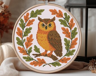 Horned Owl Cross Stitch Pattern – Woodland Nature Embroidery (PDF Download)