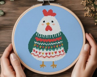 Patrón de punto de cruz de pollo navideño en PDF – 133x133 puntos