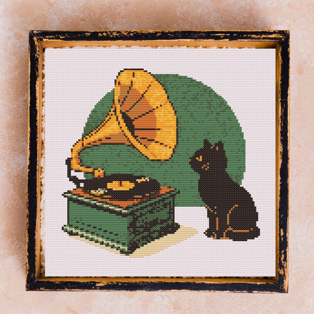 Cat With Gramophone Cross Stitch Pattern – Vintage Cottagecore ...