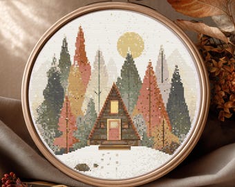 Woodland Cabin Kreuzstichmuster PDF - 163 x 163 Stiche