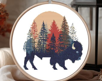Bison Cross Stitch Pattern PDF – Woodland Animal Embroidery Design - 162x162 stitches