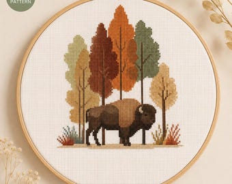 Kreuzstichmuster Bison, Büffel-PDF-Muster, Waldtier-Stickerei, Wildtier-Kreuzstich, Sofort-Download