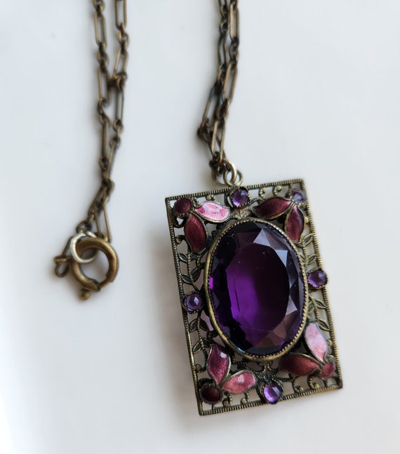 Antique Czech Amethyst Glass Pendant Necklace Art 