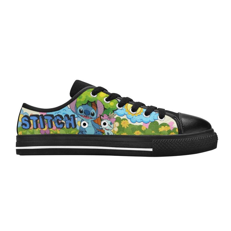 May include: Low-top canvas trainer with a vibrant graphic of Stitch and friends, and the word "STITCH" in blue. The shoe has a black toe cap, black laces, and a black sole.