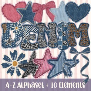 May include: A digital graphic set featuring the word DENIM spelled out in letters with various patterns including leopard print, polka dots, and plaid, accented by frayed edges, alongside hearts, stars, bows, and flowers in blue, pink, and brown.