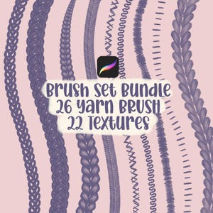 Puede incluir: Ilustración digital de un paquete de pinceles con 26 pinceles de hilo y 22 texturas. La imagen presenta varias texturas de hilo en tonos morados sobre un fondo rosa claro. El logotipo de la aplicación Procreate es visible.