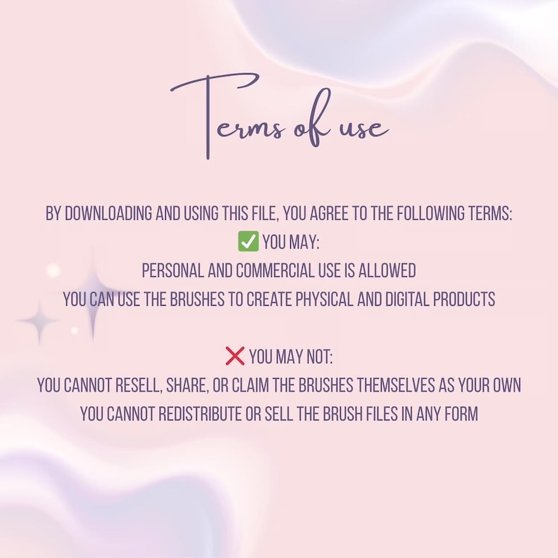 Pode incluir: Gr&aacute;fico digital com o texto "Termos de uso" em fonte cursiva. O texto detalha os usos permitidos e proibidos do arquivo, incluindo uso pessoal e comercial, e restri&ccedil;&otilde;es sobre revenda e redistribui&ccedil;&atilde;o.