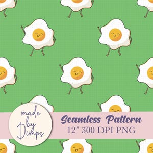 May include: Seamless pattern featuring cartoon fried eggs with smiling faces and tiny legs, set against a green grid background. The eggs are white with yellow yolks. The text "Seamless Pattern" and "12" 300 DPI PNG" is displayed.