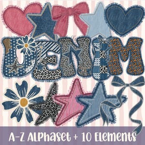 Pode incluir: Um conjunto gr&aacute;fico digital apresentando a palavra DENIM em letras grandes com bordas desfiadas e v&aacute;rios padr&otilde;es, incluindo estampa de leopardo, bolinhas e listras, acompanhado por cora&ccedil;&otilde;es, estrelas, flores e la&ccedil;os em tons de azul e rosa.