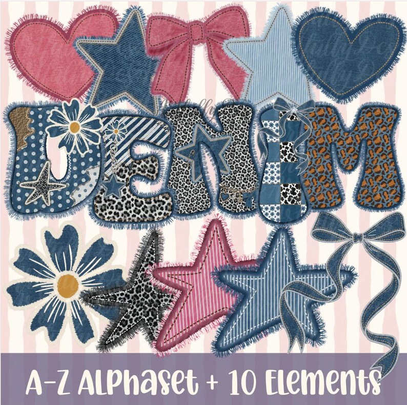 Pode incluir: Um conjunto gr&aacute;fico digital apresentando a palavra DENIM em letras grandes com bordas desfiadas e v&aacute;rios padr&otilde;es, incluindo estampa de leopardo, bolinhas e listras, acompanhado por cora&ccedil;&otilde;es, estrelas, flores e la&ccedil;os em tons de azul e rosa.
