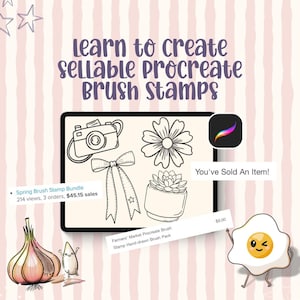 Puede incluir: Una pantalla de tableta digital muestra dibujos de líneas negras de una cámara, una flor, un lazo y una suculenta en una maceta. El texto dice: learn to create sellable Procreate BRUSH STAMPS. Incluye un icono de la aplicación Procreate e ilustraciones.